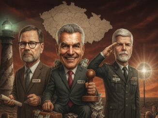 Koláž českých lídrů: Petr Fiala, Petr Pavel a Andrej Babiš v satirickém pohledu.